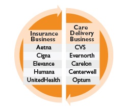 Insurance business organizations listed vs care delivery business organizations on opposite sides of a circle