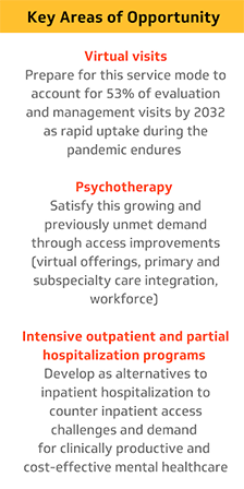 Pediatric key areas of opportunity listed under Virtual visits, psychotherapy and intensive outpatient and partial hospitalization programs